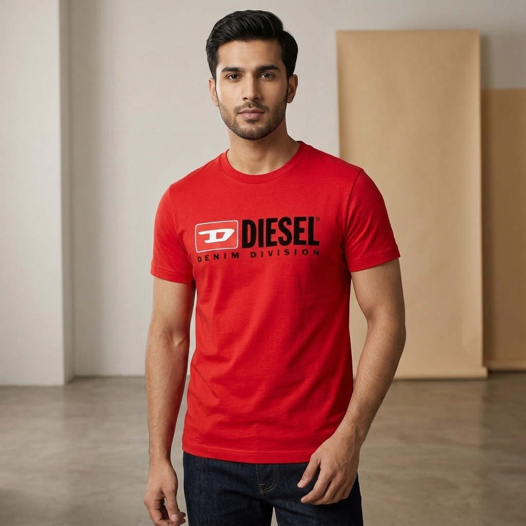 Diesel red Denim Division t-shirt – flat lay on marble surface