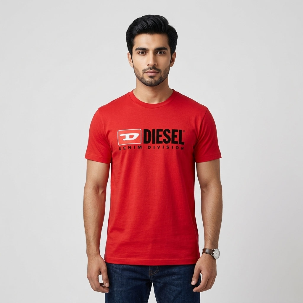 Diesel red Denim Division t-shirt – man wearing in indoor setting
