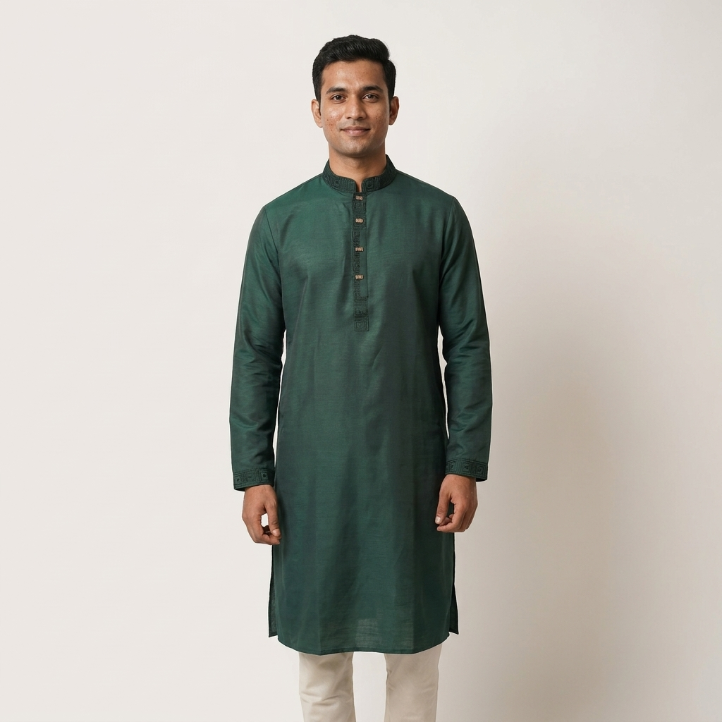 Men's deep green embroidered Punjabi – man wearing front view on white background showing full length