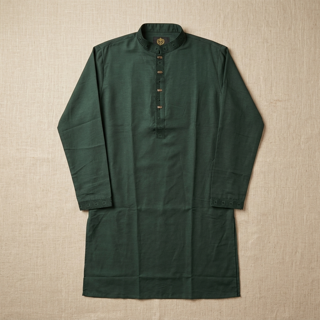 Men's deep green embroidered Punjabi – man wearing front view against stone architectural background