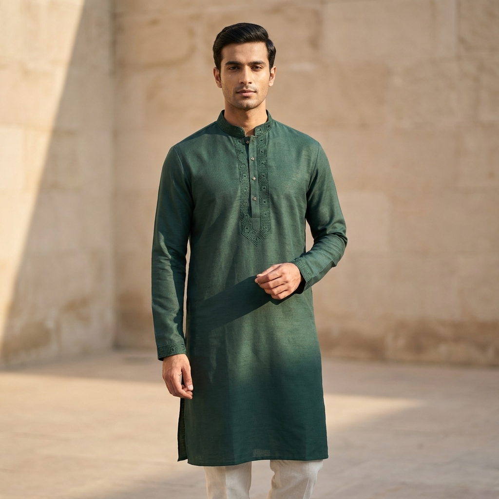 Men's deep green embroidered Punjabi – flat lay on linen surface showing embroidery and brand badge detail