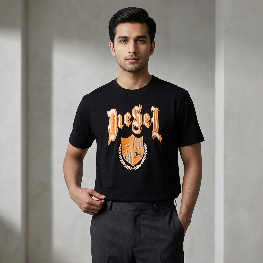 Diesel Black Embossed Crest T-Shirt on model - side angle