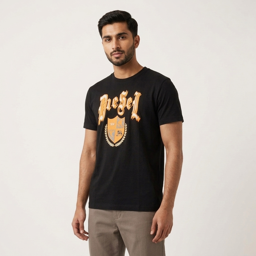 Diesel Black Embossed Crest T-Shirt flat lay