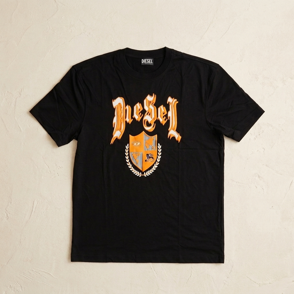 Diesel Black Embossed Crest T-Shirt on model - editorial