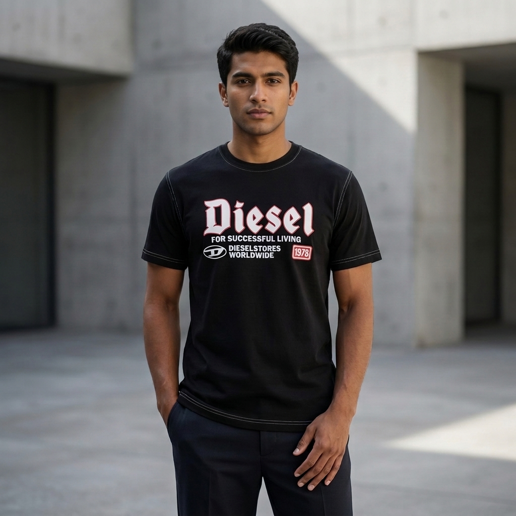 Diesel black graphic t-shirt – men wearing in front of concrete wall