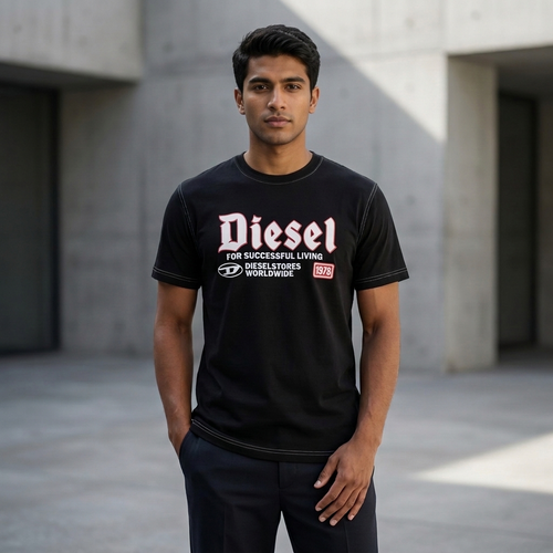 Diesel black graphic t-shirt – men wearing in front of concrete wall