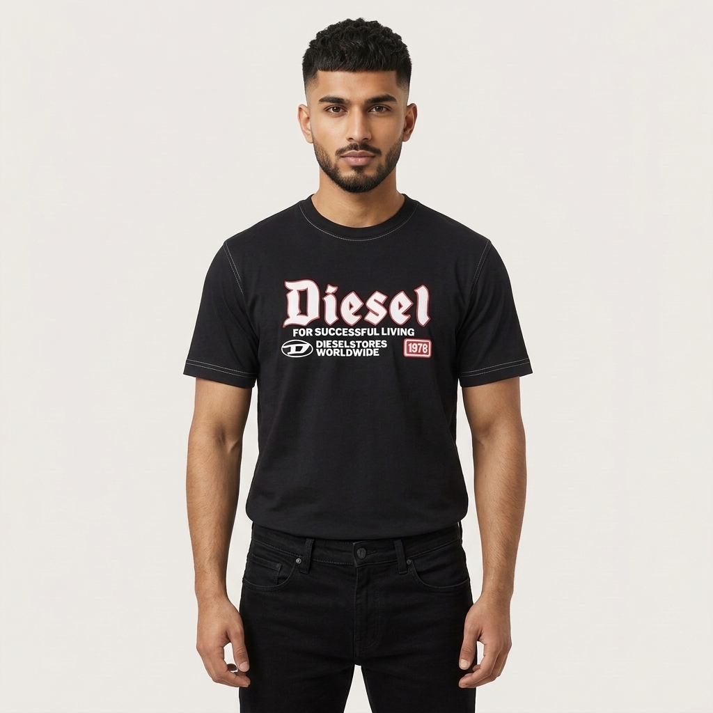 Diesel black graphic t-shirt – men wearing in orange and purple studio setting side view