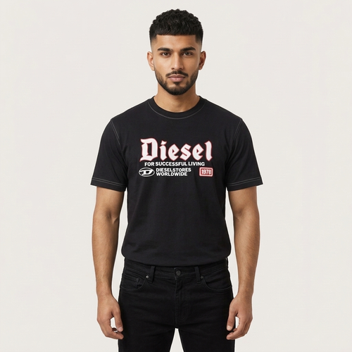 Diesel black graphic t-shirt – men wearing in orange and purple studio setting side view