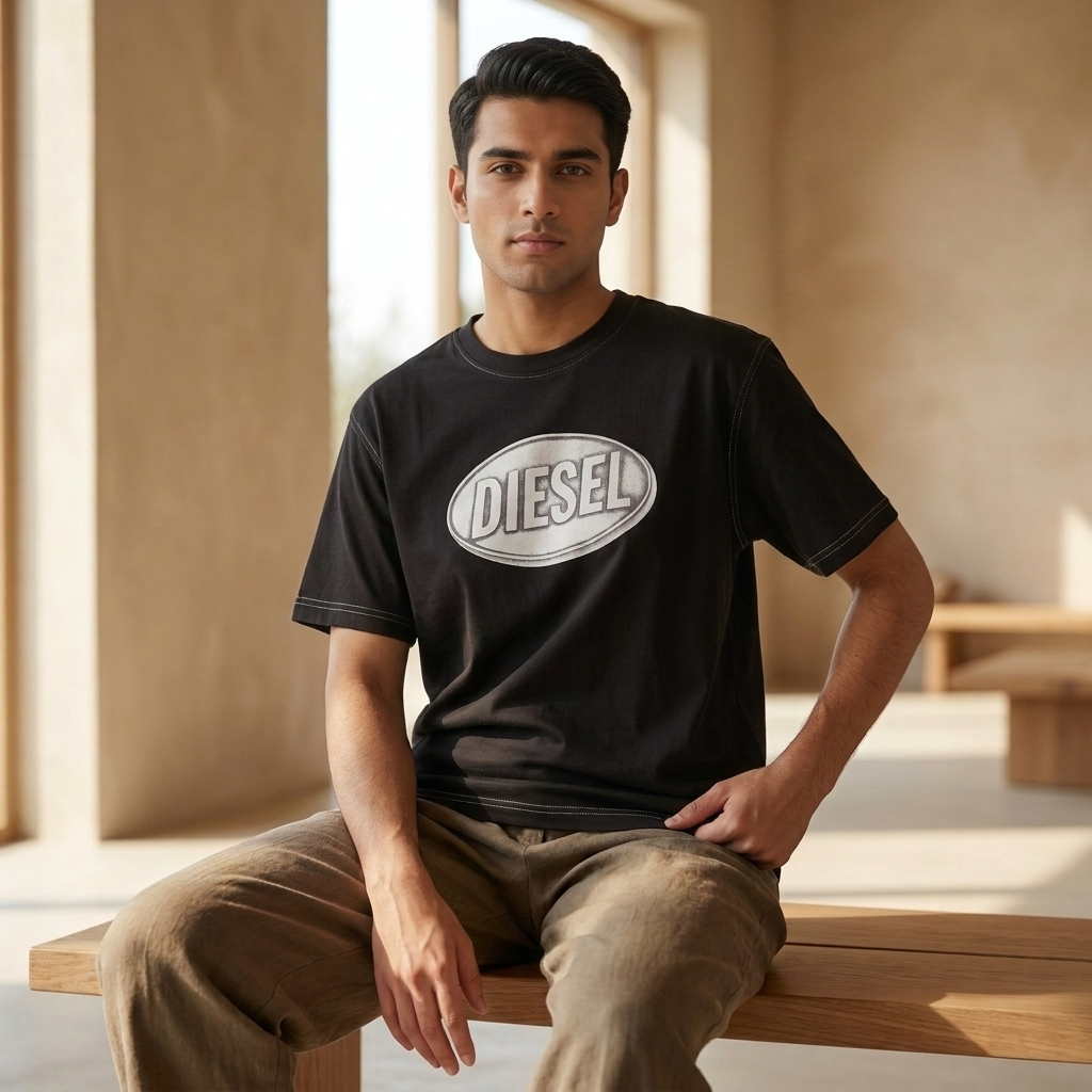 Diesel black regular fit t-shirt – flat lay on linen surface showing Oval D logo print and contrast stitching