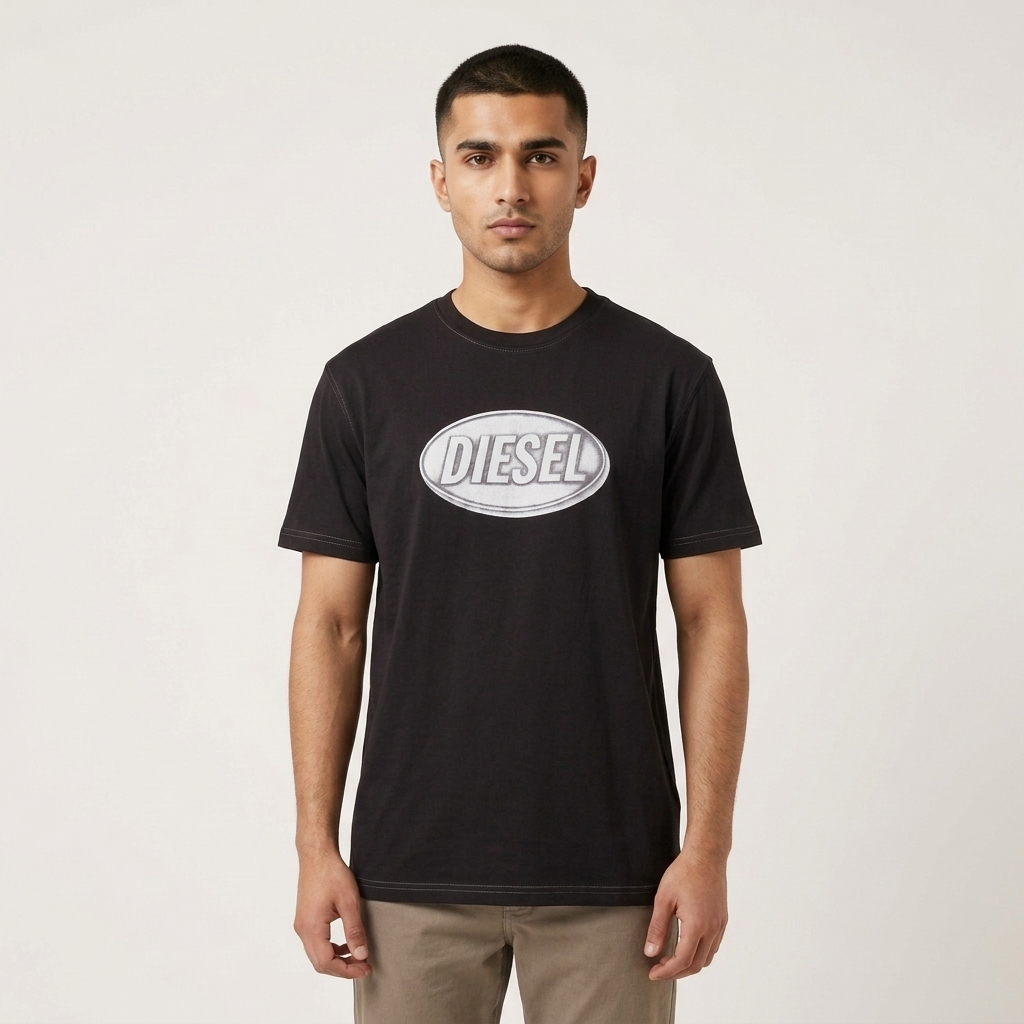 Diesel black regular fit t-shirt – man wearing front view on light background showing Oval D logo