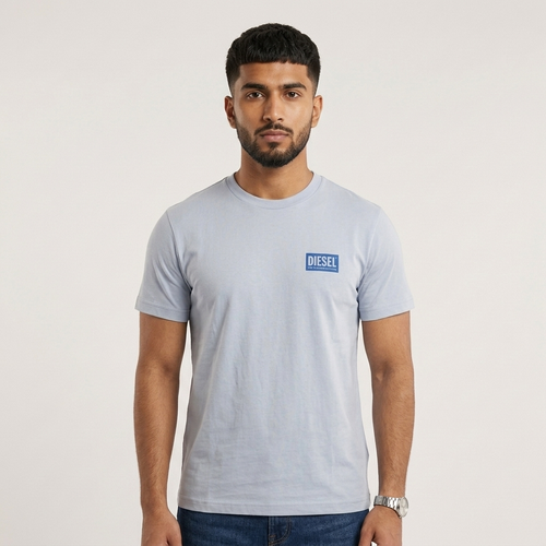 Diesel Sky Blue T-Shirt on model - luxury editorial