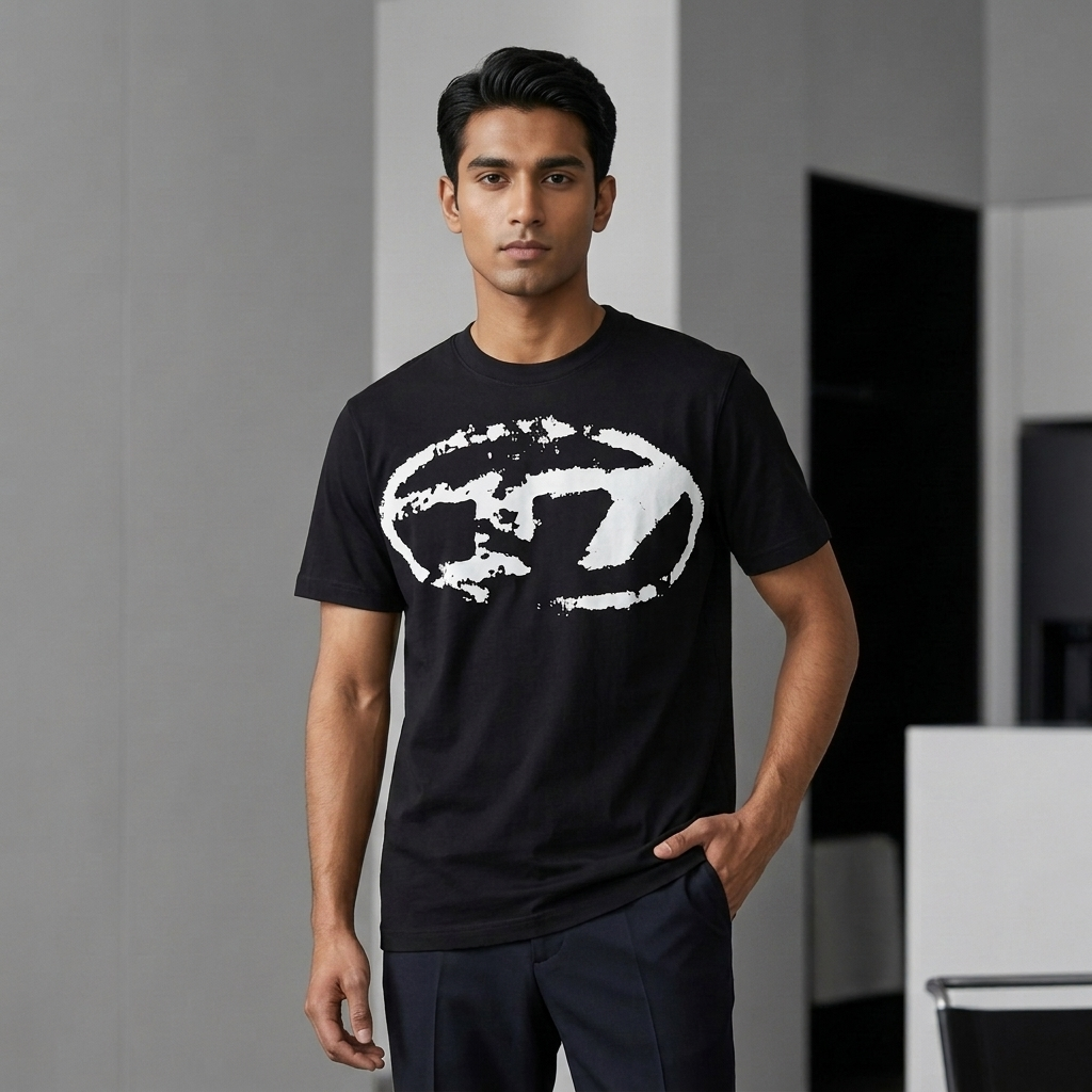 Diesel black drop shoulder t-shirt – man wearing in modern office setting