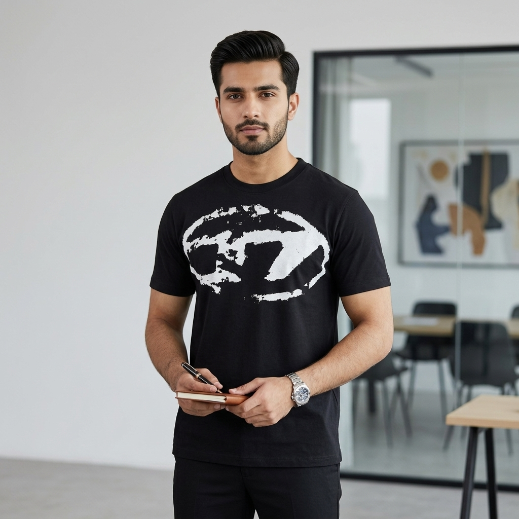 Diesel black drop shoulder t-shirt – man wearing against grey background