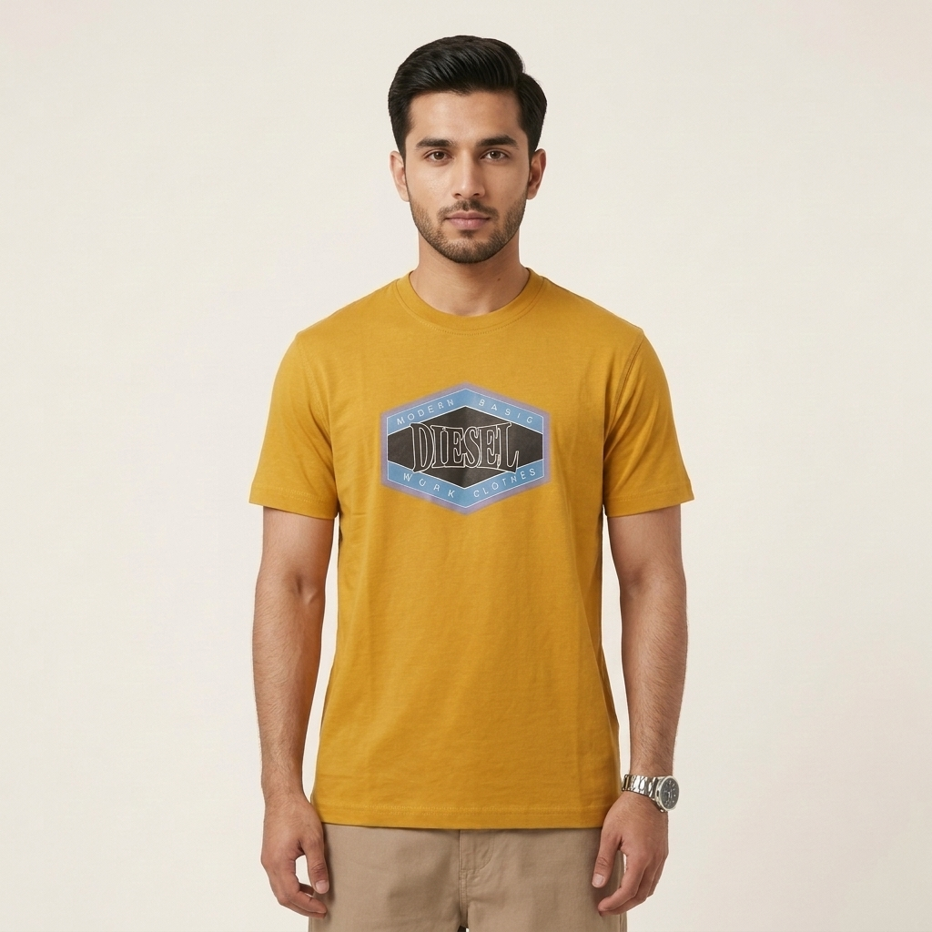 Diesel Yellow Graphic T-Shirt on model - street style