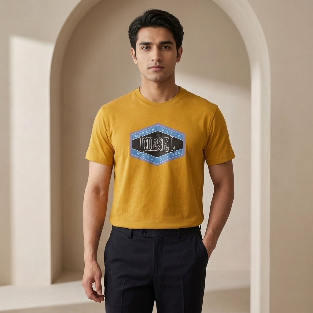 Diesel Yellow Graphic T-Shirt on model - editorial