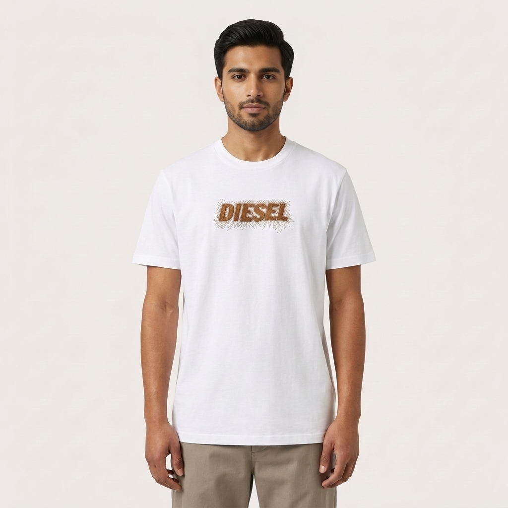 Diesel white drop shoulder t-shirt – man wearing front view on white background