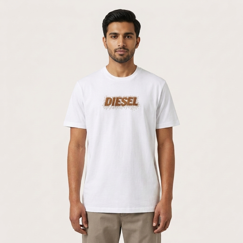 Diesel white drop shoulder t-shirt – man wearing front view on white background