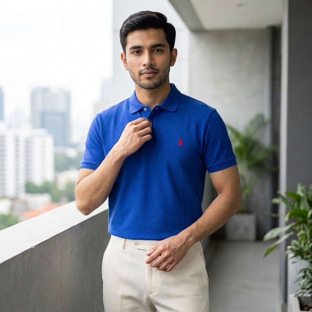Polo Ralph Lauren Royal Blue Polo Shirt on model - lifestyle