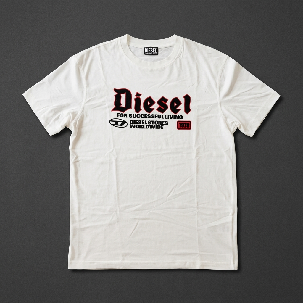 Diesel white t-shirt – man wearing in stone architectural setting showing For Successful Living print