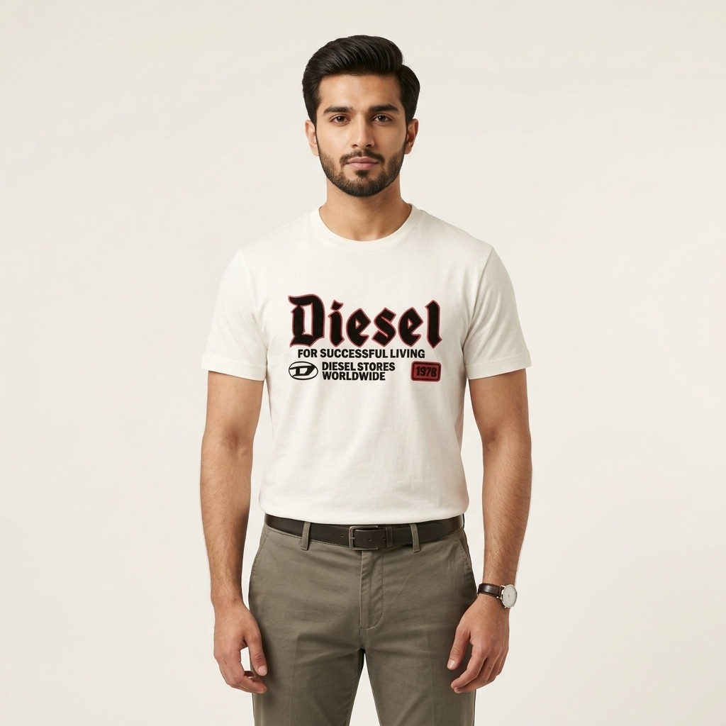 Diesel white t-shirt – man wearing front view on light background showing gothic Diesel logo
