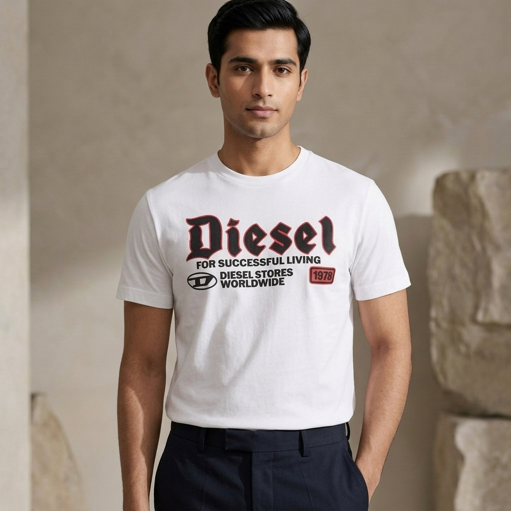 Diesel white t-shirt – flat lay on dark surface showing full For Successful Living print detail