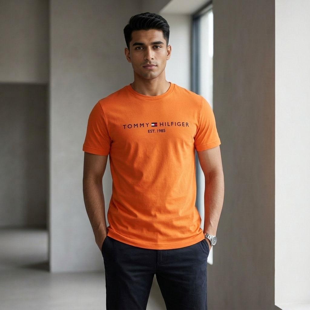 Tommy Hilfiger orange t-shirt – flat lay on marble surface showing EST. 1985 logo detail