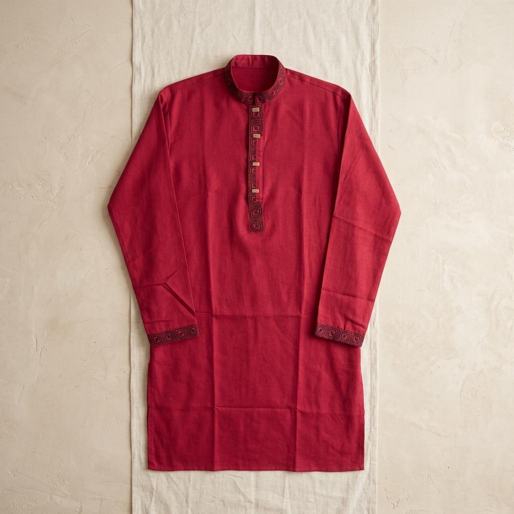 Men's red embroidered Punjabi – man wearing front view in warm interior setting showing placket and cuff embroidery