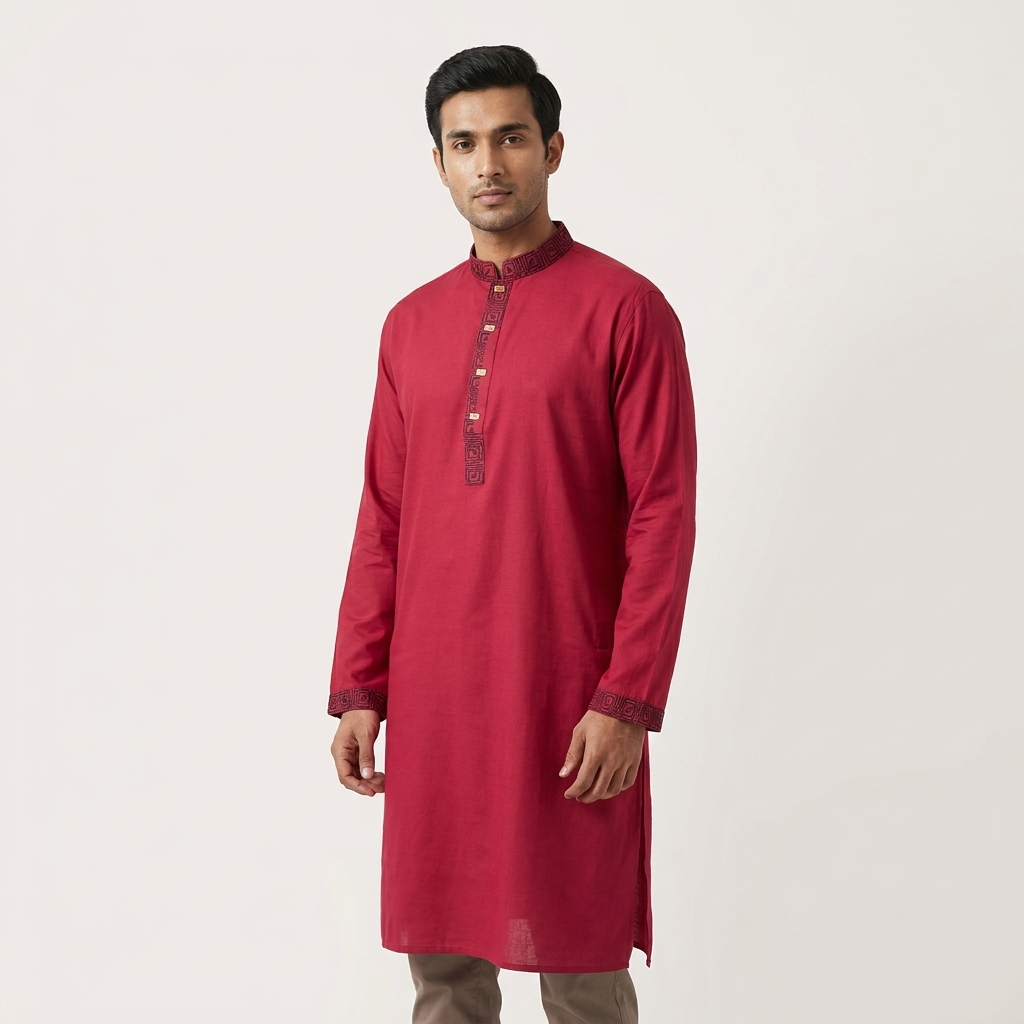 Men's red embroidered Punjabi – man wearing front view on light background showing full length and side slit
