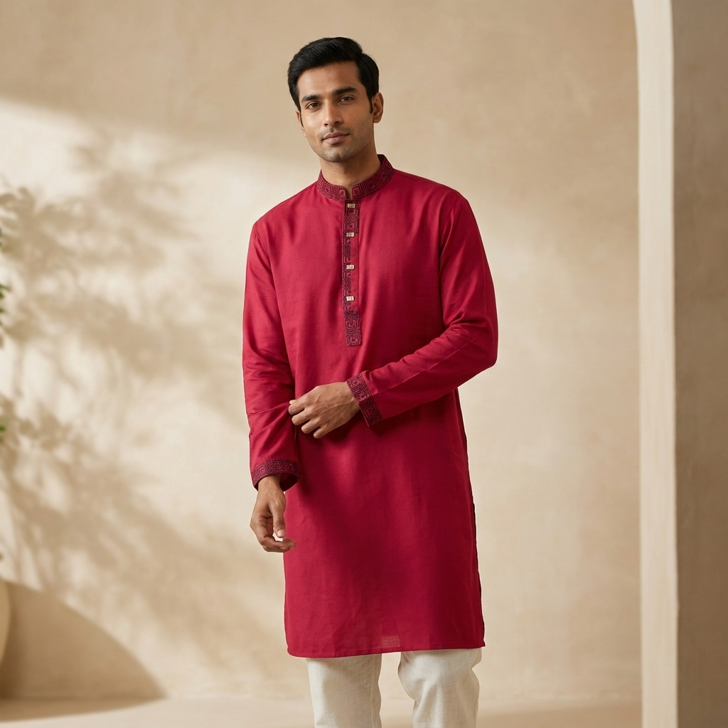 Men's red embroidered Punjabi – flat lay on linen surface showing full garment with embroidery detail