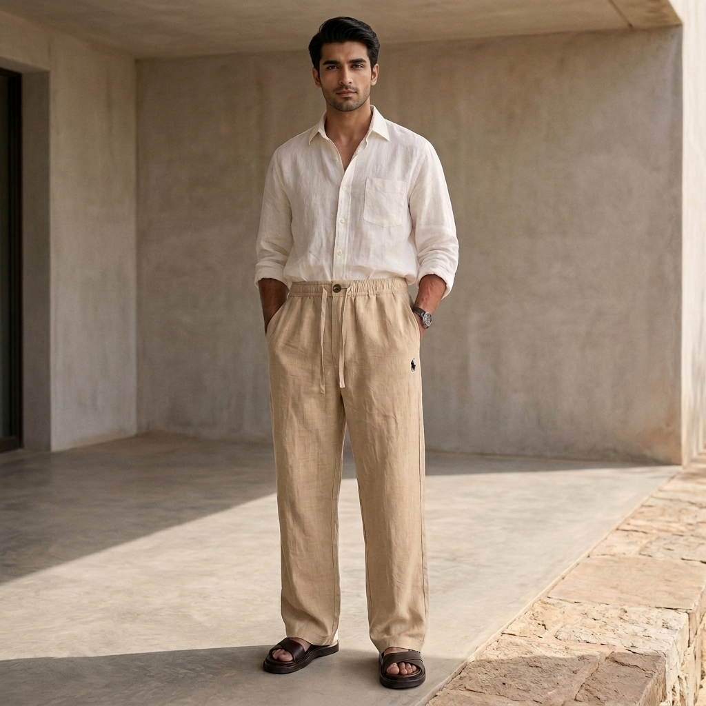 Remi Cotton Beige Trouser – on model studio
