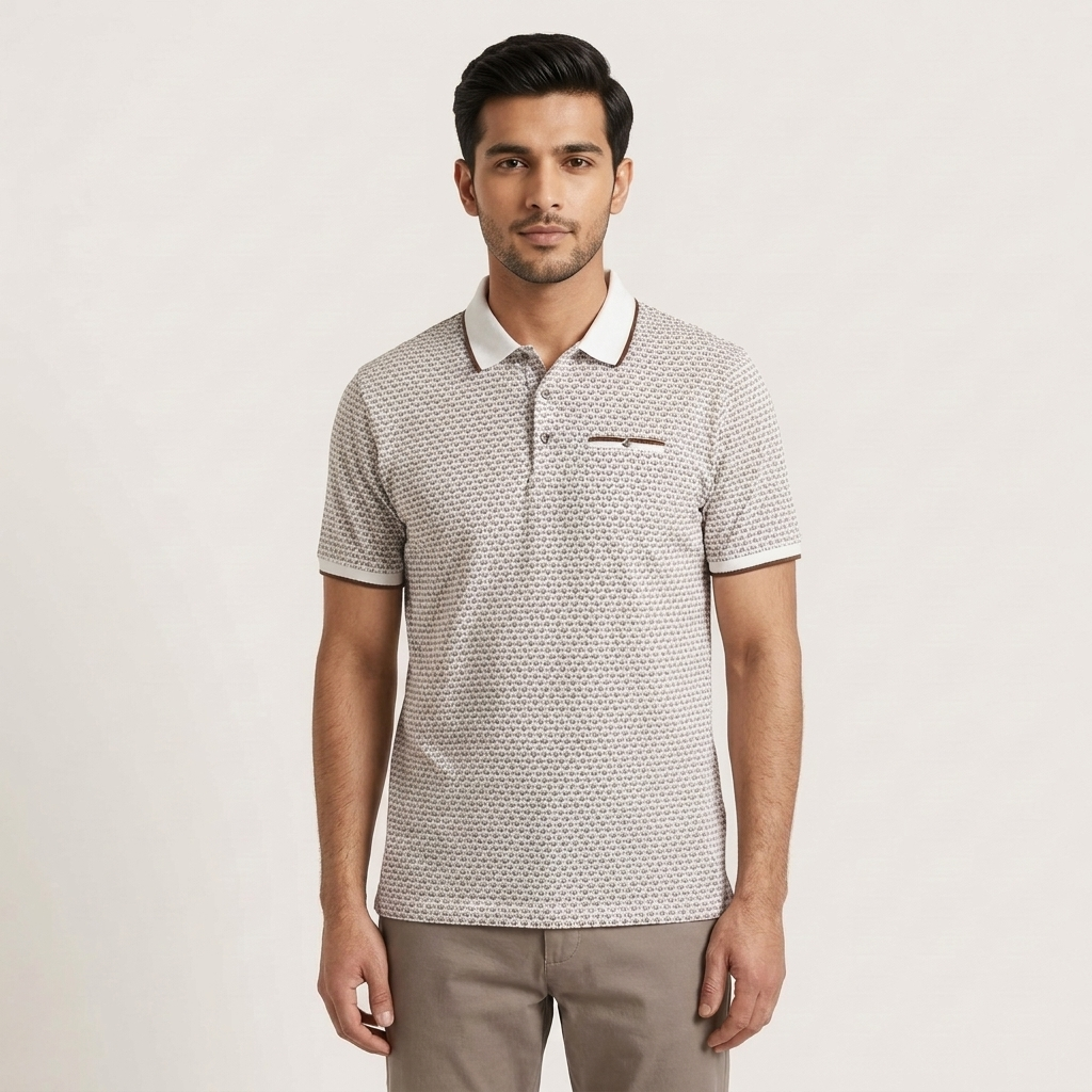 Men's Cream Jacquard Polo Shirt on model - front view