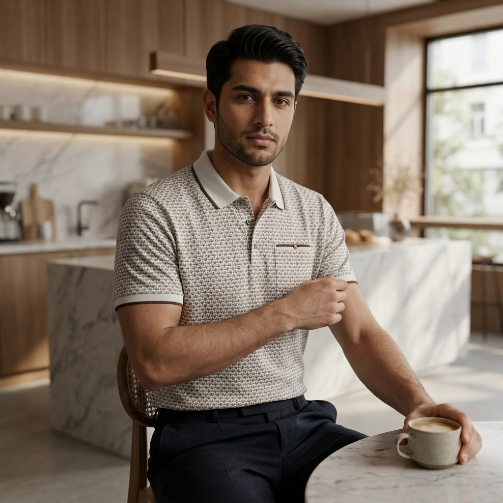 Men's Cream Jacquard Polo Shirt on model - lifestyle