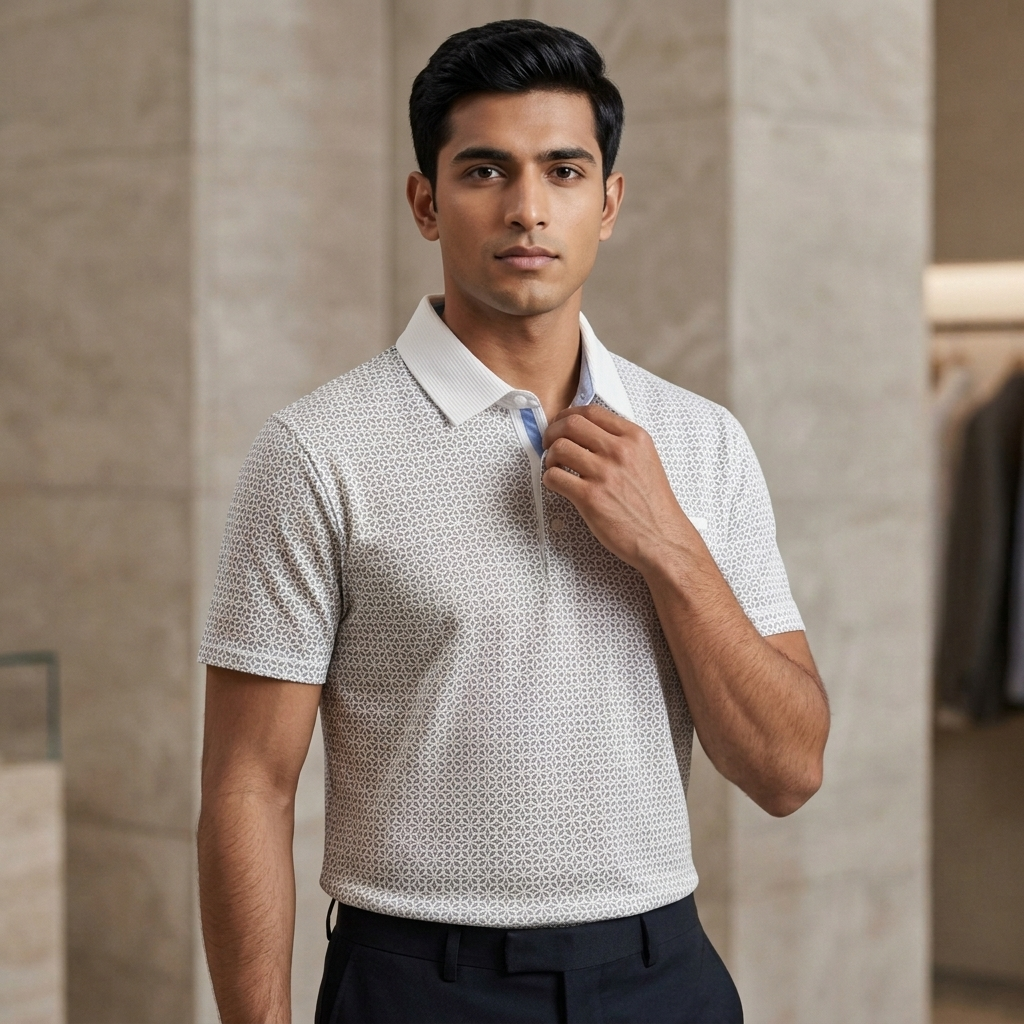 Men's White Jacquard Polo Shirt on model - editorial