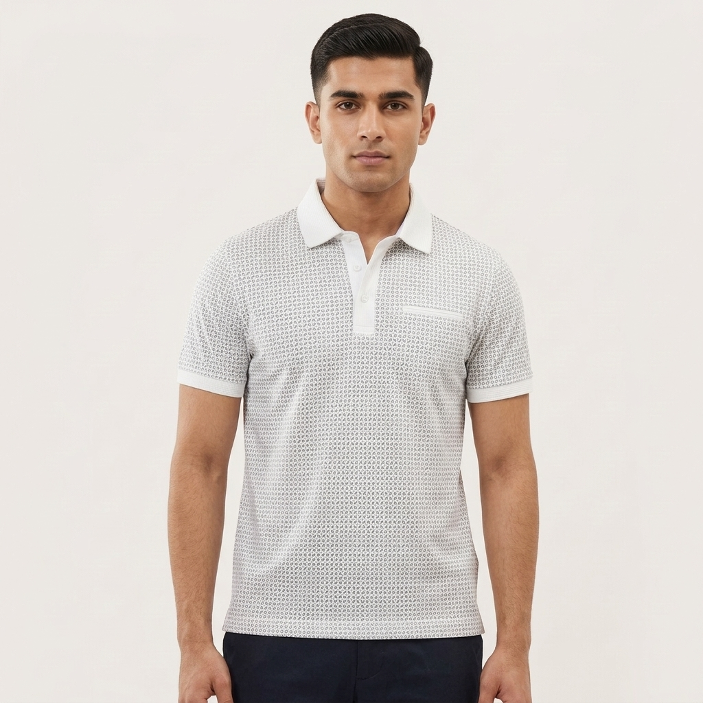 Men's White Jacquard Polo Shirt on model - front view