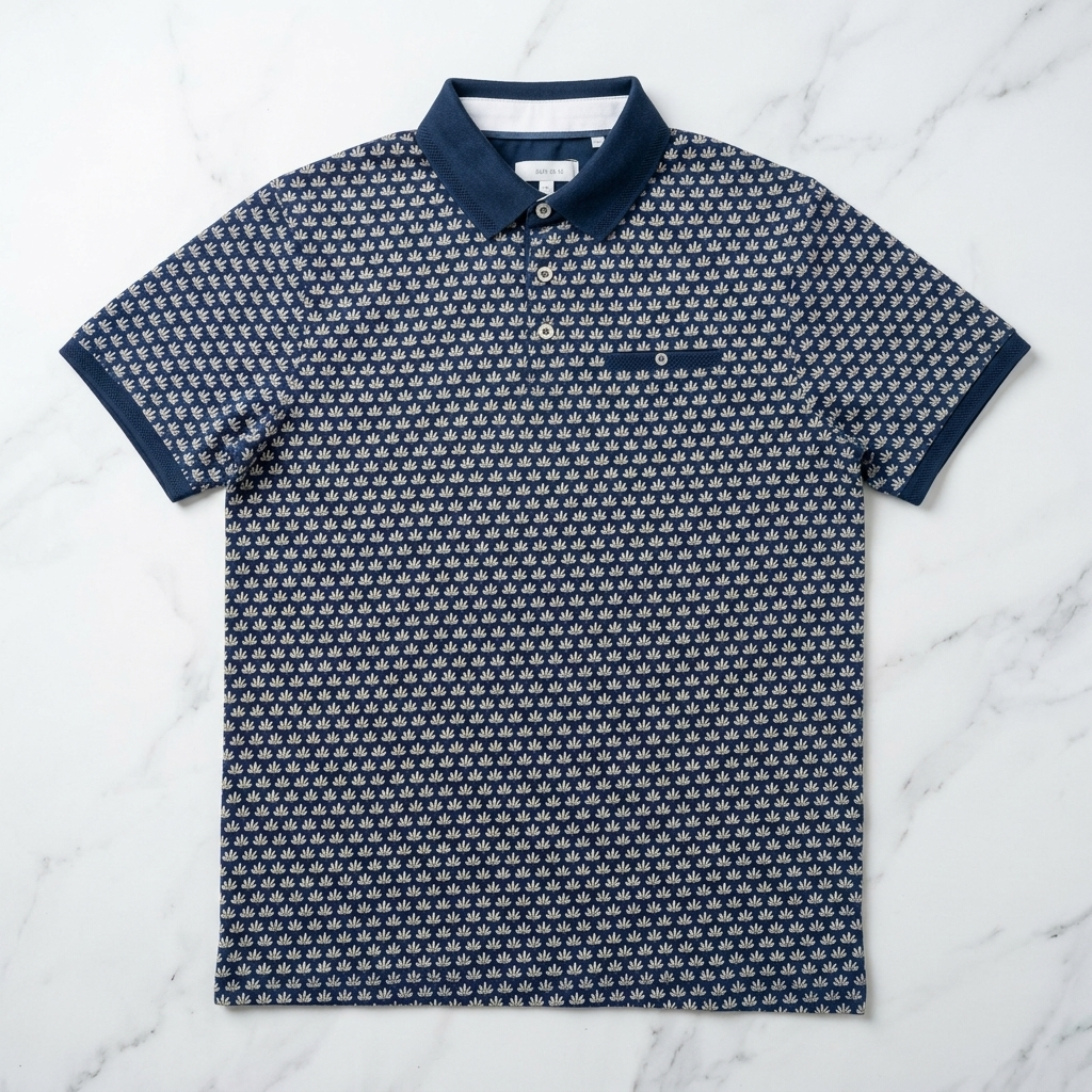 Men's Navy All-Over Print Polo Shirt flat lay