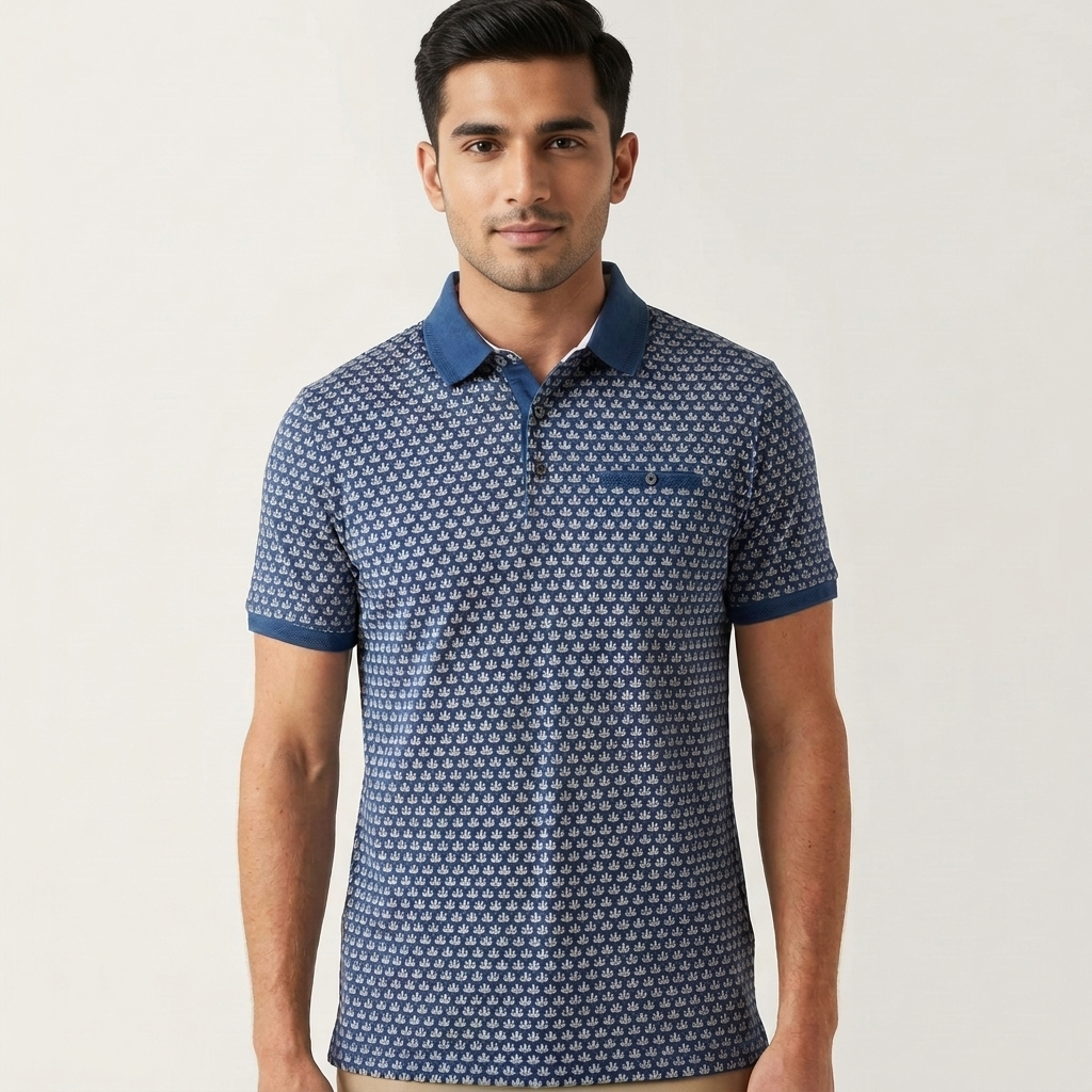 Men's Navy All-Over Print Polo Shirt on model - front view