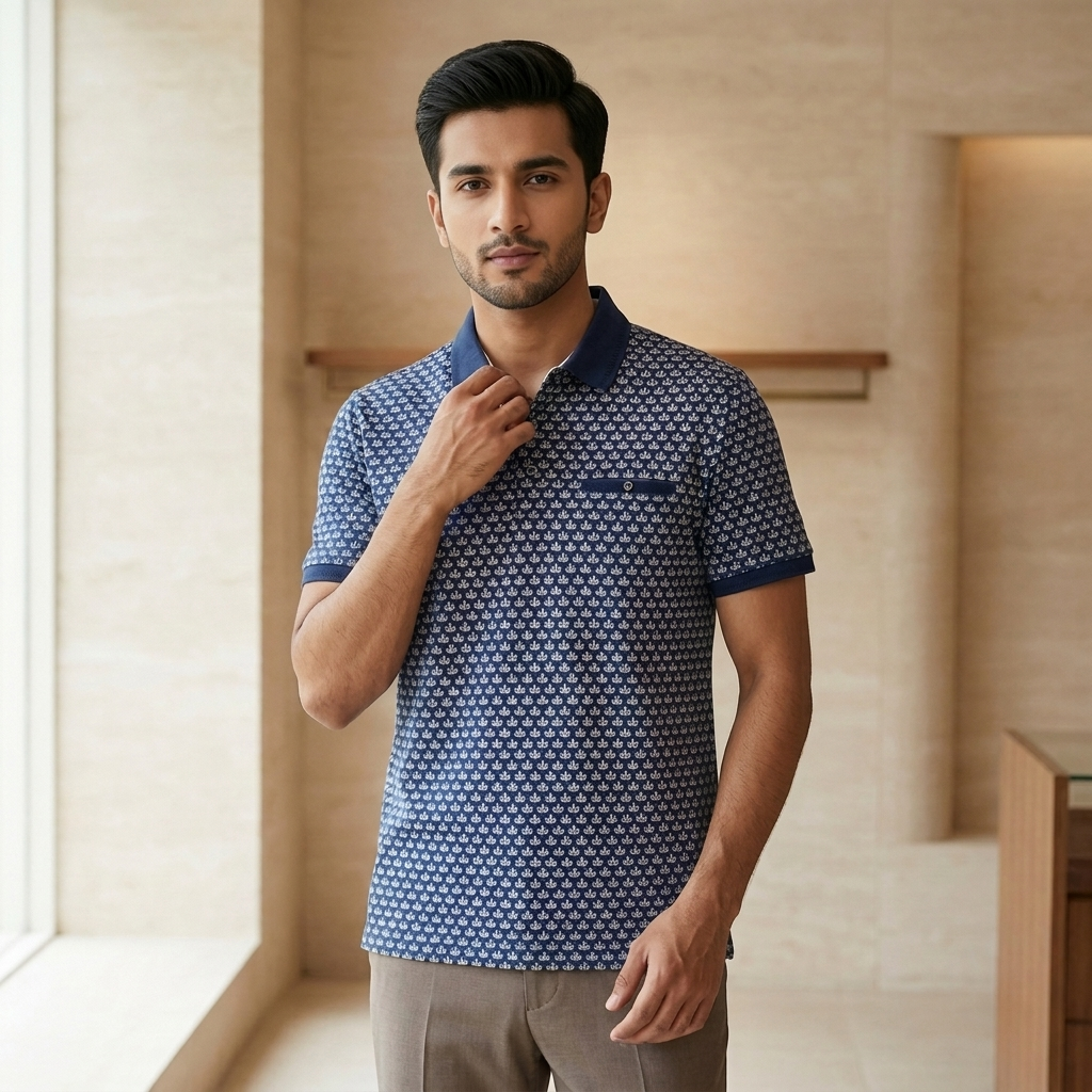 Men's Navy All-Over Print Polo Shirt on model - editorial