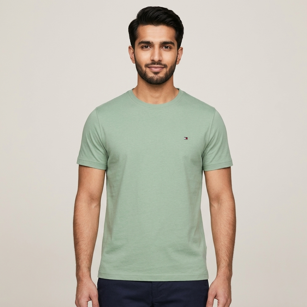 Tommy Hilfiger light green regular fit t-shirt – man wearing front view on light background