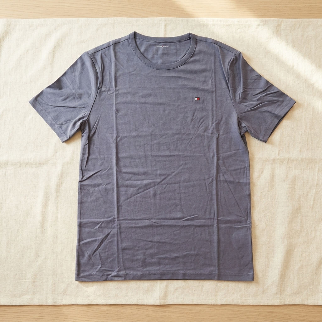 Tommy Hilfiger gray regular fit t-shirt – man wearing in warm wooden interior setting