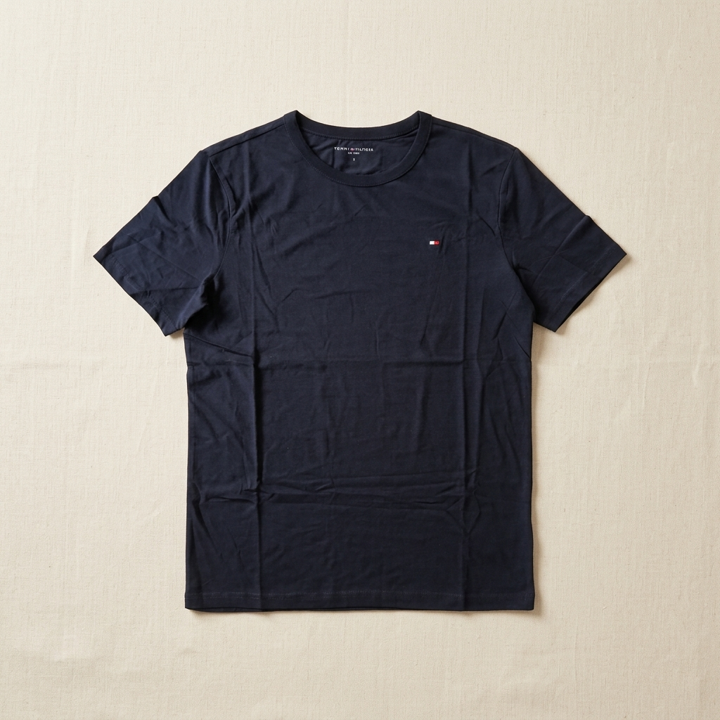 Tommy Hilfiger navy regular fit t-shirt – man wearing in warm architectural interior setting