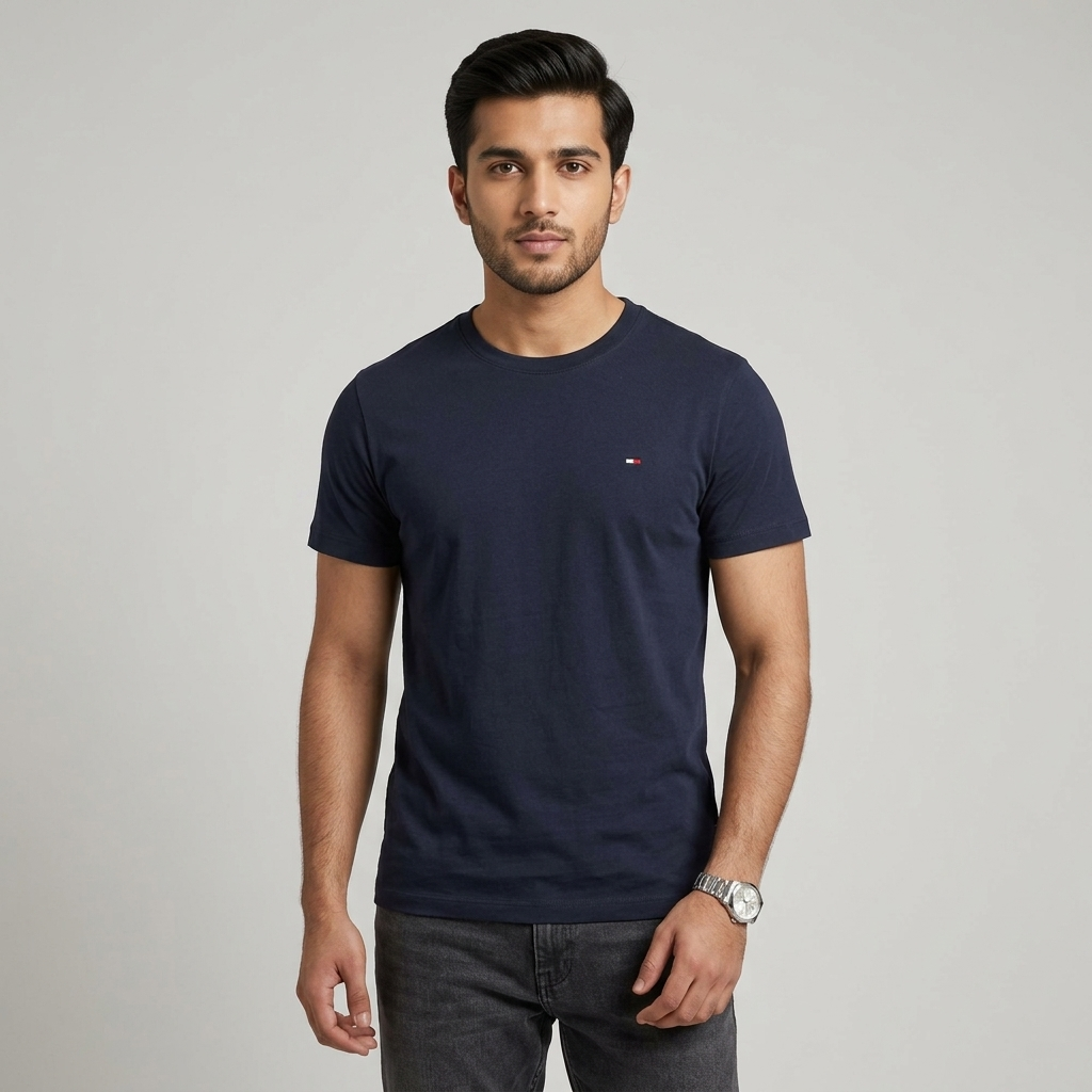 Tommy Hilfiger navy regular fit t-shirt – man wearing front view on grey background