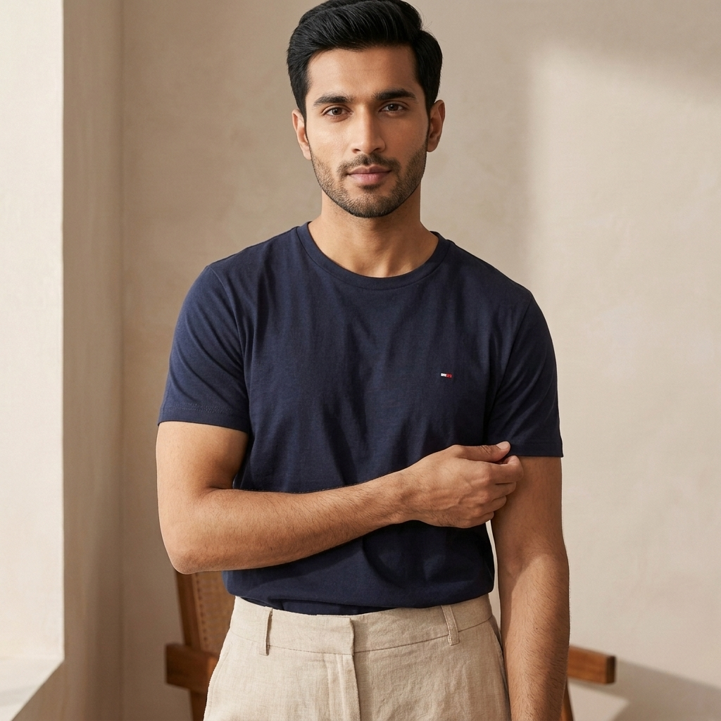 Tommy Hilfiger navy regular fit t-shirt – flat lay on linen surface showing flag logo detail