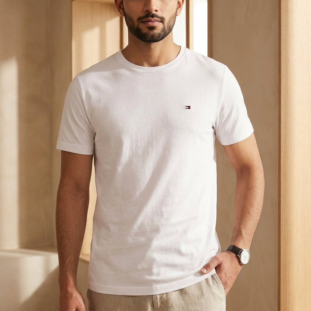 Tommy Hilfiger white regular fit t-shirt – man wearing front view on light background