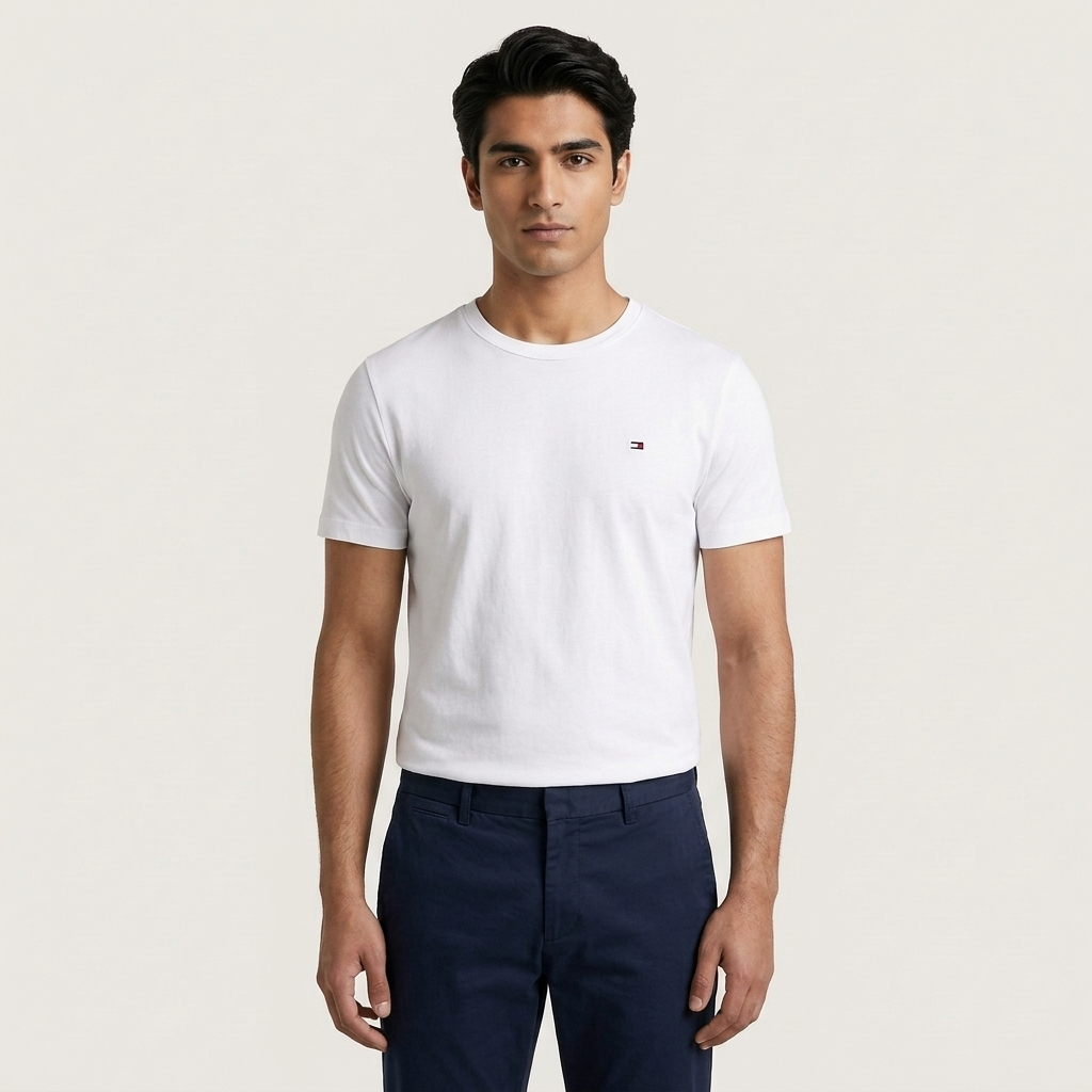 Tommy Hilfiger white regular fit t-shirt – man wearing in warm architectural interior setting