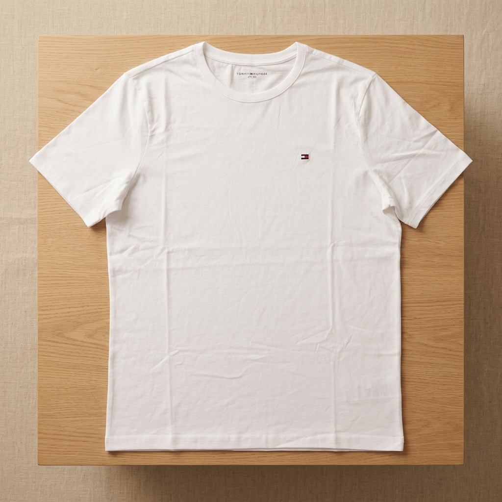 Tommy Hilfiger white regular fit t-shirt – flat lay on wooden surface showing flag logo detail