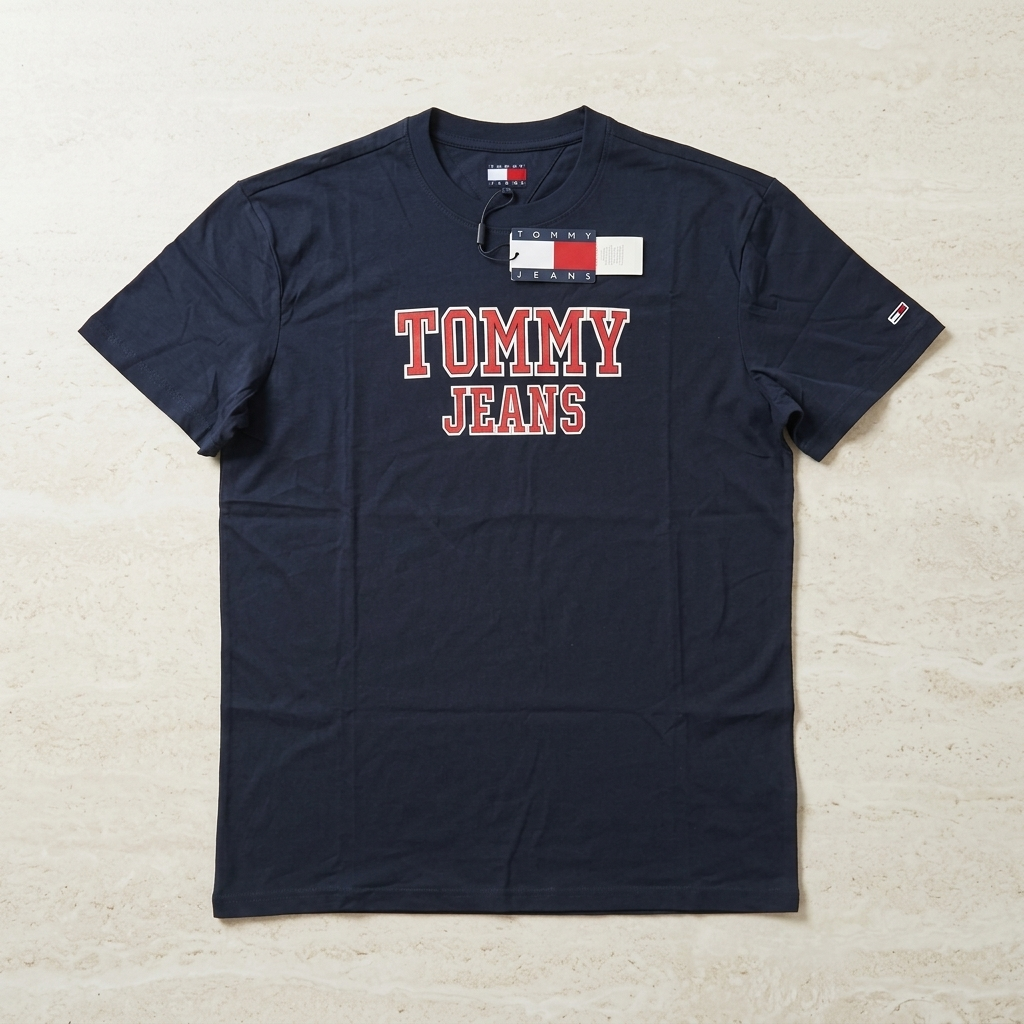 Tommy Jeans navy t-shirt – flat lay showing collegiate logo and Tommy Jeans hang tag