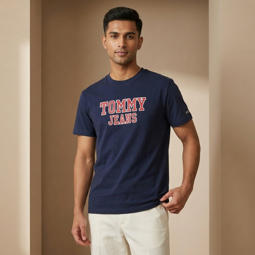 Tommy Jeans navy t-shirt – man wearing in warm-toned architectural setting